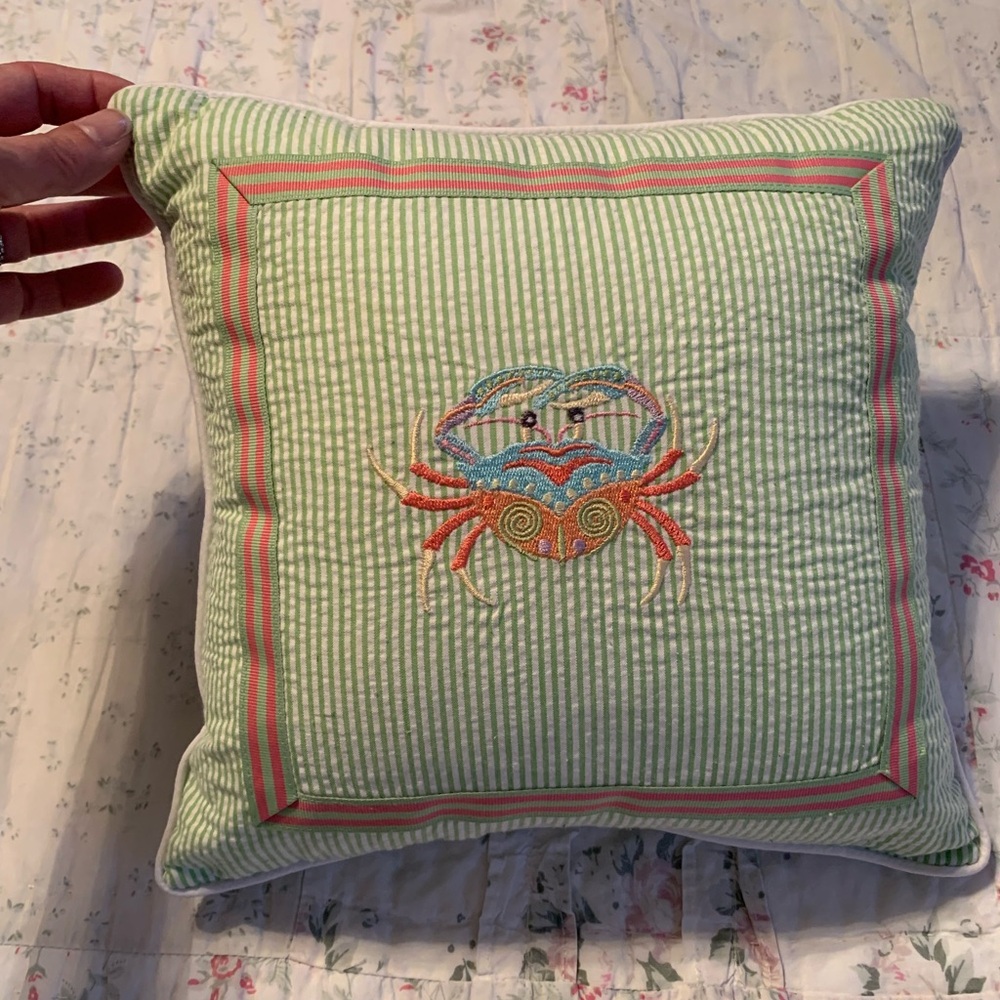 Striped Green Pillow with Embroidered Crab